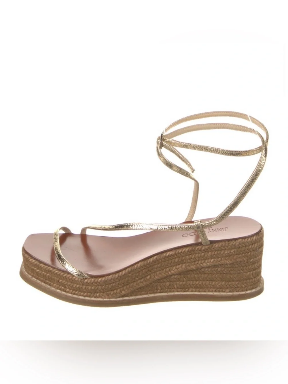 Jimmy Choo Gold Metallic Espadrille Wedge Sandal with Ankle Tie
